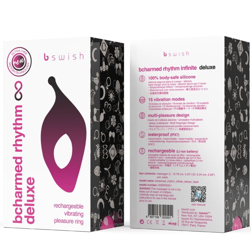 B SWISH - Bcharmed Rhythm Infinite Deluxe Penis Ring 15 Vibrations Black