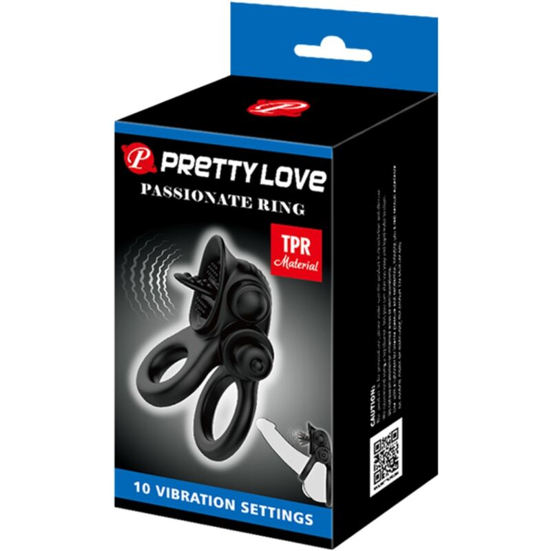 PRETTY LOVE - Passionate Ring Double Vibrating Ring + Clitoris Stimulator Zwart